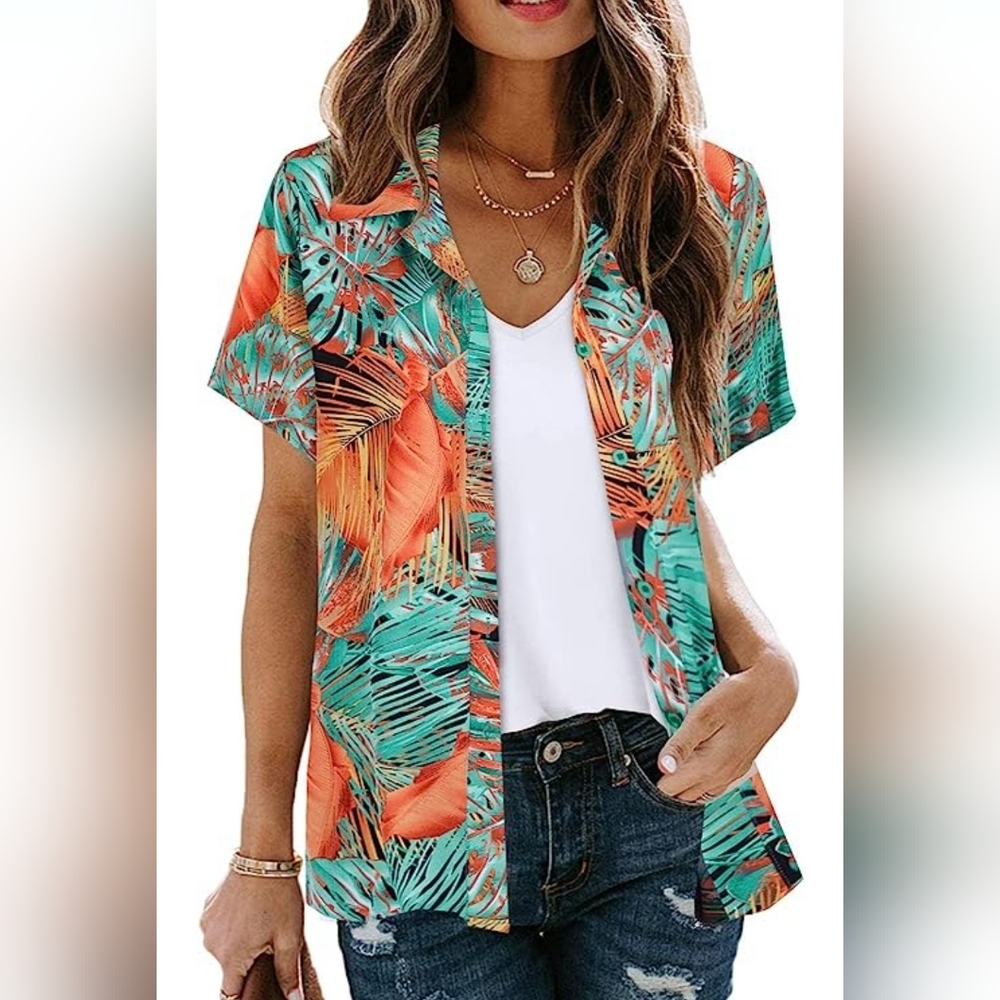 MYHALF Hawaiian Shirts for Women : Floral Printed Tropical Top Button Down-Small
